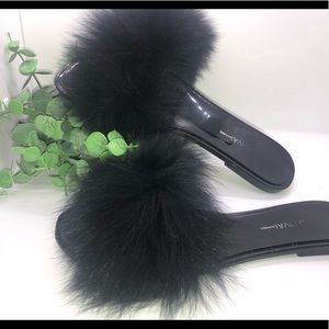 Black faux fur sandals
